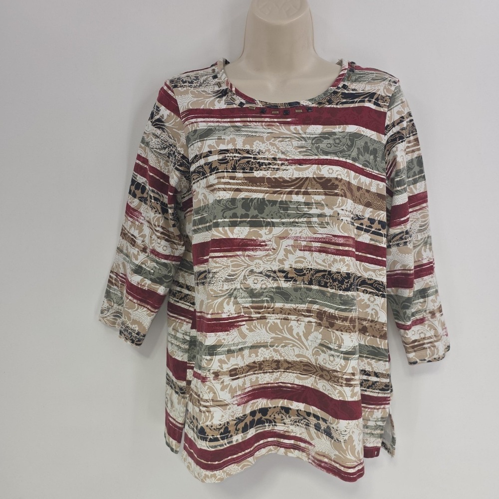 Alfred Dunner Shirt Women M Green Stripe Studded 3/4 Sleeve Tunic Top Preppy Mom - Picture 10 of 10